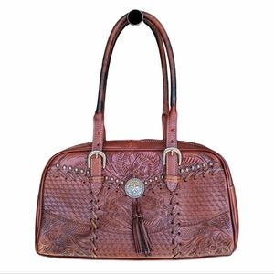 American West Hand Tooled Medium Size Leather Handbag with Silver Accent Western